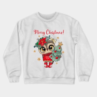 Cute owl holds a Christmas tree and the inscription merry Christmas Crewneck Sweatshirt